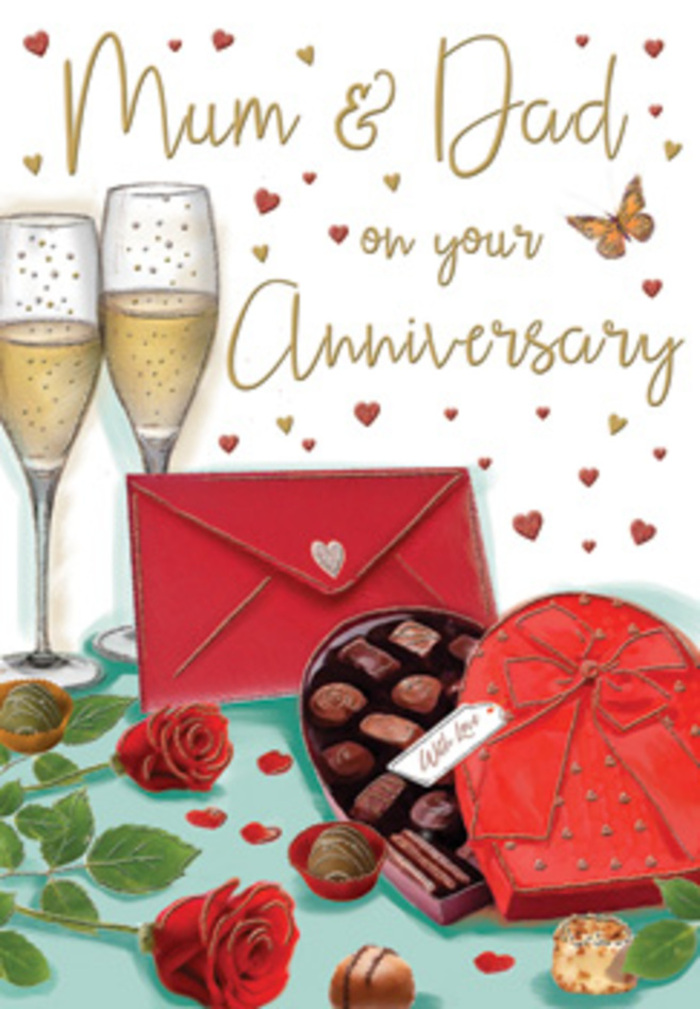 The illustrated anniversary card presents a lush, romantic scene that could easily be imagined on a dining table in Cranham after a surprise delivery from a local florist. Two slender champagne flutes stand in the centre of the artwork, drawn with clear, graceful lines, their bowls filled almost to the brim with pale golden champagne. The tiny bubbles rising through the fizz give a sense of movement and anticipation, as though Mum and Dad are just about to touch their glasses together in a gentle toast. Closer to the viewer, two deep red roses rest elegantly on the table, framed by smooth, dark green leaves. Each petal is depicted with soft shading and curvature, conveying the velvety texture and rich colour of freshly cut blooms. The flowers look like they were chosen at their peak, the sort of quality Florist Cranham would select for an important anniversary order. In front of the roses sits an open, heart-shaped box of chocolates, carefully illustrated to show a neat array of truffles within. A sumptuous red ribbon wraps around the lid, tied into a large, decorative bow that cascades over the edges. A few chocolates are scattered outside the box, adding a playful sense of temptation and shared enjoyment. A crimson envelope, sealed and slightly askew, lies nearby, hinting at a personal message full of gratitude and loving words. Around the entire arrangement float small gold and crimson hearts, softly glowing against the background, reinforcing the romantic, celebratory mood. The composition feels warm and intimate, like a quiet Cranham evening spent reminiscing over years of shared memories.