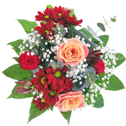An arrangement of exquisite balance, this bouquet fuses dramatic colour with subtle grace, much like the contrasts found in the heart of Cranham. Deep crimson chrysanthemums and lush red rosebuds create a passionate border, enclosing a medley of creamy apricot and peach roses that gently illuminate the centre, their soft hues reminiscent of sunrises seen from the Anchor's quiet terraces. Between the blooms float airy, cloud-like gypsophila, imparting lightness and intricate movement, like the play of dappled sunshine on Upminster Common. Arranged in a sharply cut glass vase, its clarity accents modern style while serving as a window onto the bouquet's healthy stems and fresh water-a testament to the care and skill at Florist Cranham. The mix of textures-from the silkiness of petals to the uplift of verdant leaves-evokes tactile as much as visual pleasure, reflecting a bouquet crafted for both sentiment and sophistication. Redolent of fresh greenery blended with delicate rose perfume, the arrangement conjures heartfelt connections, ideal for new beginnings, romantic celebrations, or enhancing the warmth of Cranham homes with genuine beauty and craftsmanship.