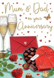 This anniversary card design captures a tender moment of celebration, illustrated with the same care a Cranham florist gives to arranging a special bouquet. At the centre of the image, two tall champagne flutes stand side by side, their slender stems perfectly aligned, each glass filled with delicate, golden champagne. Fine bubbles rise through the liquid, catching soft light and giving the impression of a toast paused in time. Just in front of the glasses, two velvety red roses lie gracefully on the table, surrounded by rich, glossy green leaves that curl and overlap naturally. The roses are depicted in full bloom, with thick, layered petals that suggest a deep, romantic fragrance, much like the fresh flowers prepared for anniversary deliveries around Cranham. A heart-shaped box of chocolates sits open in the foreground, wrapped with a wide, luxurious red bow that spills elegantly over the lid. Inside, the chocolates are neatly arranged, while a few pieces rest tempting and casual on the surface nearby, hinting at shared indulgence. To one side, a scarlet envelope lies sealed, suggesting a handwritten note of love and appreciation addressed to Mum and Dad. Scattered gold and crimson hearts gently float around the composition, softening the edges and adding a playful yet heartfelt touch. Together, the champagne, roses, chocolates, and envelope form an intimate, romantic tableau that mirrors the way couples in Cranham quietly celebrate years of companionship and family life, cherishing both the big milestones and the small, sweet rituals in between.